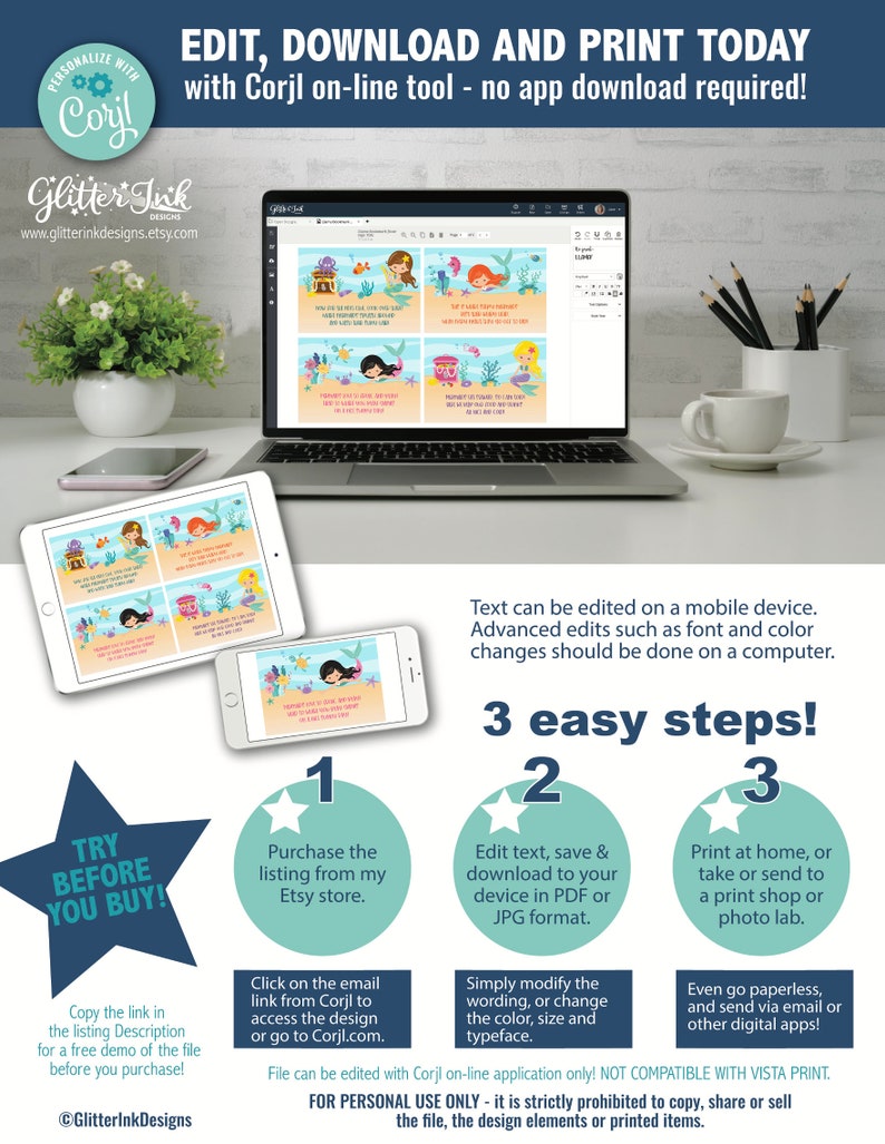May include: A laptop screen shows a digital design template with a mermaid theme. The template is customizable with text and images. The text on the screen reads "Edit text, save & download to your device in PDF or JPG format." The image also includes a call to action to "Try Before You Buy!" and instructions on how to purchase and edit the design.