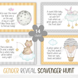 Gender reveal scavenger hunt clue cards for baby shower party games, Neutral nursery printable treasure hunt clues image 4