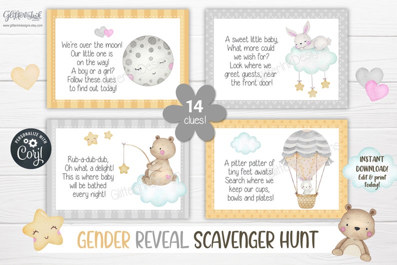 Gender reveal scavenger hunt clue cards for baby shower party games, Neutral nursery printable treasure hunt clues image 4