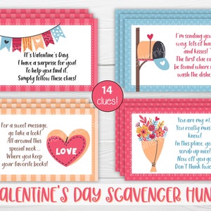 May include: A printable Valentine's Day scavenger hunt with 14 clues. The cards are pink, blue, and orange with a checkered pattern. The cards feature illustrations of a mailbox, a heart, and a bouquet of flowers. The text on the cards includes "It's Valentine's Day", "For a sweet message", "I'm sending your way", and "You are my ol".