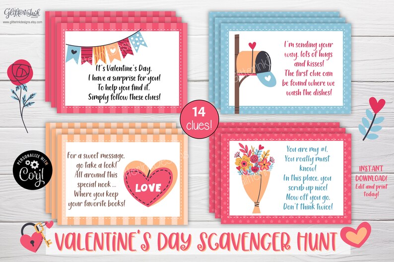 May include: A printable Valentine's Day scavenger hunt with 14 clues. The cards are pink, blue, and orange with a checkered pattern. The cards feature illustrations of a mailbox, a heart, and a bouquet of flowers. The text on the cards includes "It's Valentine's Day", "For a sweet message", "I'm sending your way", and "You are my ol".