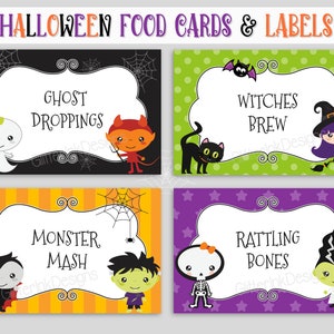 Tarjetas de carpa con comida para fiesta de Halloween / Adornos para bolsas de golosinas y etiquetas para frascos de dulces para Halloween / Tarjetas para colocar los lugares de los invitados a los cumpleaños de Halloween