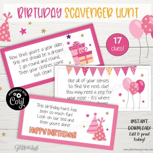 May include: Pink and gold birthday scavenger hunt printable cards with 17 clues. The cards feature a pink party hat, balloons, and a gift box. The text on the cards reads "Birthday Scavenger Hunt", "17 clues", "Now that you're a year older, this one should be a dream! I go round and round, Then your clothes come out clean!" and "Use all of your senses to find the next clue! You may need a peg for your nose - it's where..."