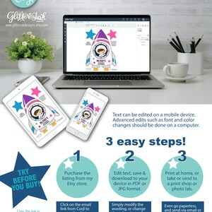 Puede incluir: Un dise&ntilde;o digital imprimible para una fiesta con tem&aacute;tica de cohetes. El dise&ntilde;o presenta un cohete rosa y azul con una astronauta ni&ntilde;a en su interior. El texto en el cohete dice "Olivia's Space Mission". El dise&ntilde;o se puede editar e imprimir en casa o enviar a una imprenta.