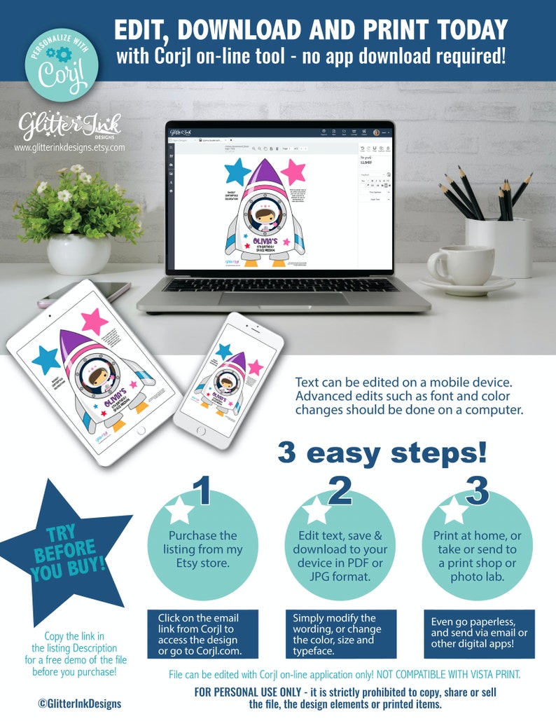 Puede incluir: Un dise&ntilde;o digital imprimible para una fiesta con tem&aacute;tica de cohetes. El dise&ntilde;o presenta un cohete rosa y azul con una astronauta ni&ntilde;a en su interior. El texto en el cohete dice "Olivia's Space Mission". El dise&ntilde;o se puede editar e imprimir en casa o enviar a una imprenta.