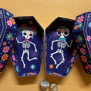 Dag van de Dodenkist traktatiedoos, Dia de los Muertos suikerschedel feestartikelen, afdrukbaar Halloween-skelet Mexicaans calaverapaar