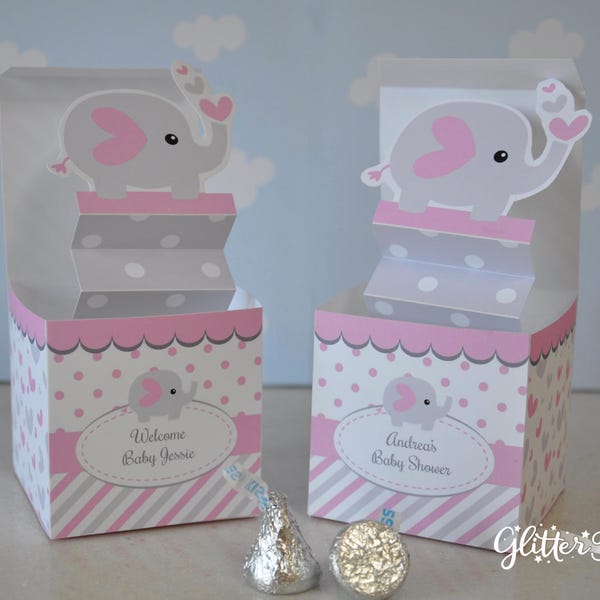 Pink and grey elephant baby shower pop up favor box Jack in the Box animal zoo pdf printable toy - pink baby girl TEXT EDITABLE box template