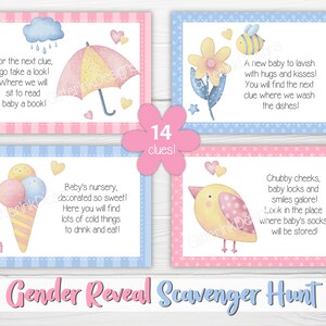 Op de afbeelding: Een set van 14 gender reveal schattenjacht aanwijzingen. Elke aanwijzing is afgedrukt op een kaart met een schattige illustratie en een rijm. De kaarten zijn roze en blauw met witte strepen.