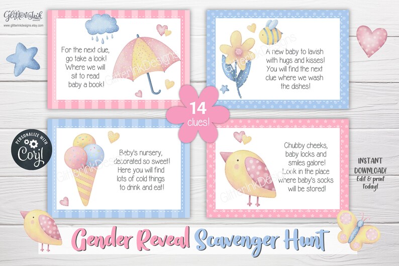 Op de afbeelding: Een set van 14 gender reveal schattenjacht aanwijzingen. Elke aanwijzing is afgedrukt op een kaart met een schattige illustratie en een rijm. De kaarten zijn roze en blauw met witte strepen.