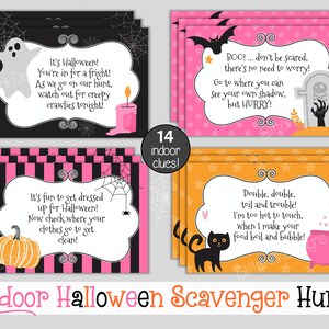 May include: A set of 14 printable Halloween scavenger hunt cards with pink, black, and orange backgrounds. The cards feature various Halloween-themed illustrations, such as ghosts, bats, pumpkins, and cauldrons. The text on the cards includes clues for the scavenger hunt, such as "It's Halloween! You're in for a fright!" and "Double, double, toil and trouble!"