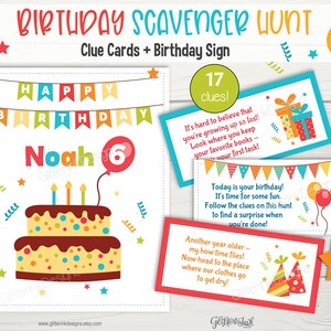 Birthday party scavenger hunt clue cards & sign / Birthday treasure hunt clues for kids / Printable birthday party game - instant download image 1