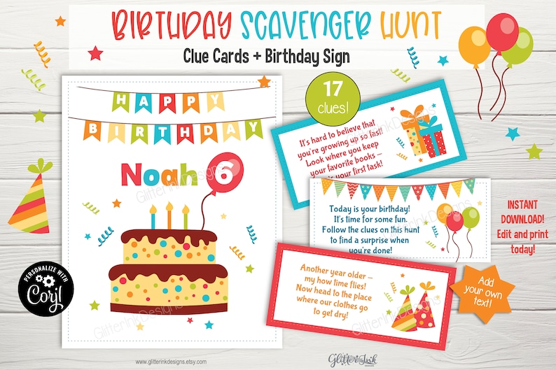 Birthday party scavenger hunt clue cards & sign / Birthday treasure hunt clues for kids / Printable birthday party game - instant download image 1