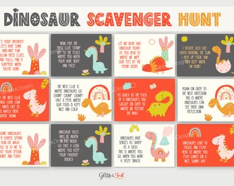 Dinosaur scavenger hunt / Dinosaur kids treasure hunt clues / Dinosaur party game / Dinosaur adventure / Dinosaur birthday printable games