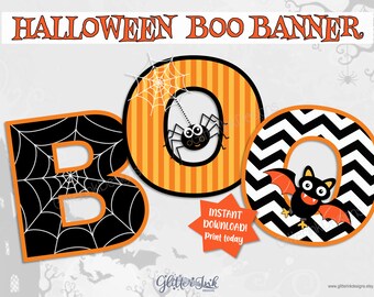 Halloween party printable BOO banner decoration, Spooky decor cutout letters with cute spider and bat design - instant download