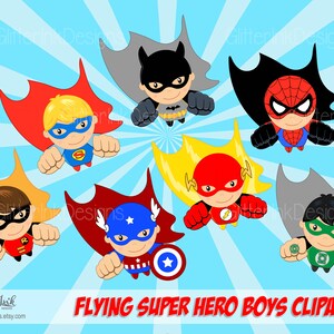 May include: Clip art image of seven superhero boys flying in the air. The boys are dressed as Batman, Superman, Robin, Spiderman, The Flash, Captain America, and The Green Lantern. The background is a blue and white striped pattern.