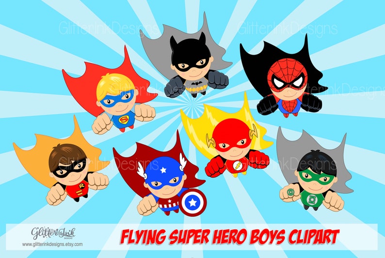 May include: Clip art image of seven superhero boys flying in the air. The boys are dressed as Batman, Superman, Robin, Spiderman, The Flash, Captain America, and The Green Lantern. The background is a blue and white striped pattern.