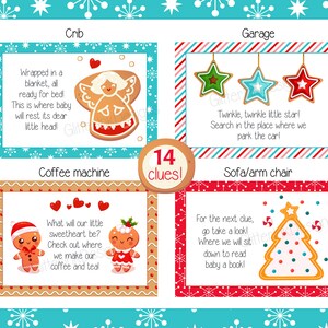 May include: Four Christmas-themed gingerbread cookie clues for a scavenger hunt. The clues are written on cards with red and white striped borders. The clues are: "Wrapped in a blanket, all ready for bed! This is where baby will rest its dear little head!" for the crib, "Twinkle, twinkle little star! Search in the place where we park the car!" for the garage, "What will our little sweetheart be? Check out where we make our coffee and teal" for the coffee machine, and "For the next clue, go take a look! Where we will sit down to read baby a book!" for the sofa/arm chair.