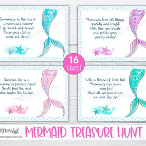 Op de afbeelding: Een set van 4 printbare schatkaartjes met een zeemeermin-thema, met een blauwe en roze aquarel achtergrond. Elke kaart heeft een zeemeerminstaart met een ander kleurenschema en een raadsel in witte tekst. De kaartjes zijn ontworpen voor een zeemeermin-thema feest of evenement.