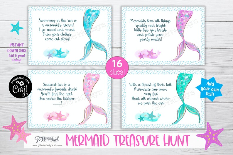 Op de afbeelding: Een set van 4 printbare schatkaartjes met een zeemeermin-thema, met een blauwe en roze aquarel achtergrond. Elke kaart heeft een zeemeerminstaart met een ander kleurenschema en een raadsel in witte tekst. De kaartjes zijn ontworpen voor een zeemeermin-thema feest of evenement.