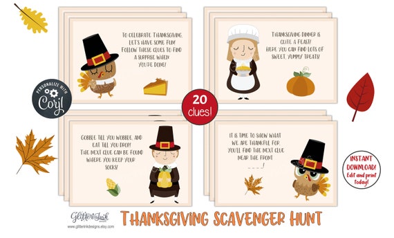 Thanksgiving scavenger hunt clue cards / Thanksgiving treasure hunt clues / Printable Thanksgiving games for kids Il_570xn
