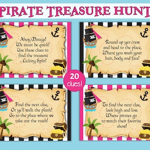 Dicas de caça ao tesouro pirata para crianças / Cartões de dicas de caça ao tesouro para festa pirata / Jogo de festa de aniversário pirata rosa para imprimir - edite com Corjl