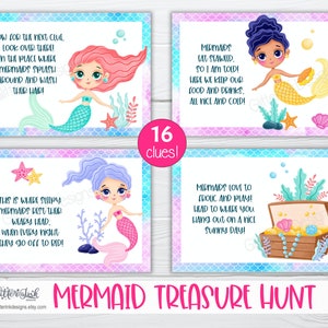 May include: A set of 16 mermaid-themed treasure hunt clues. Each clue features a different mermaid illustration with a colorful background and text. The text includes phrases like "Now for the next clue", "This is where sleepy mermaids rest their weary head", "Mermaids love to frolic and play", and "Mermaids lay seaweed, so I am told! Here we keep our food and drinks, all nice and cold!"
