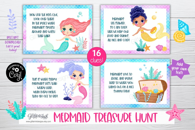 May include: A set of 16 mermaid-themed treasure hunt clues. Each clue features a different mermaid illustration with a colorful background and text. The text includes phrases like "Now for the next clue", "This is where sleepy mermaids rest their weary head", "Mermaids love to frolic and play", and "Mermaids lay seaweed, so I am told! Here we keep our food and drinks, all nice and cold!"