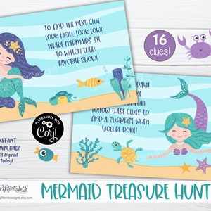 May include: A printable mermaid treasure hunt game with 16 clues. The game features a mermaid with teal hair and a purple tail, a crab, and a turtle. The text on the card reads "To find the next clue, look high, look low! Where mermaids sit to watch their favorite show!"