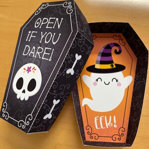 Halloween printable coffin favor box template, Trick or treat party favors with cute ghost in witch hat and sugar skull decorations