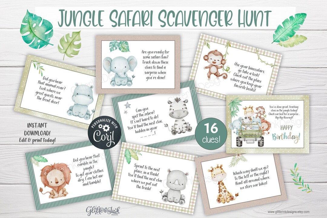 Safari Scavenger Hunt Clue Cards / Jungle Party Treasure Hunt Clues ...