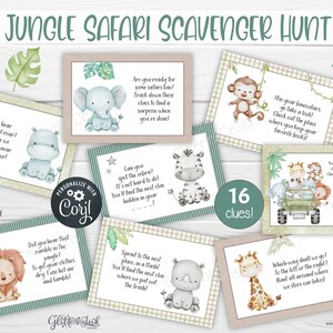 Safari scavenger hunt clue cards / Jungle party treasure hunt clues / safari party games / Safari baby shower scavenger hunt