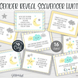 Gender reveal scavenger hunt clue cards for baby shower party games, Neutral nursery printable treasure hunt clues image 2
