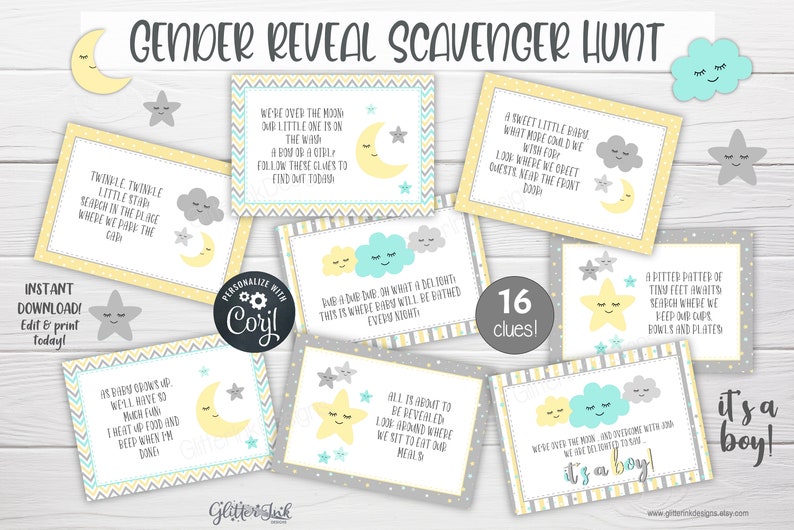 Gender reveal scavenger hunt clue cards for baby shower party games, Neutral nursery printable treasure hunt clues image 2
