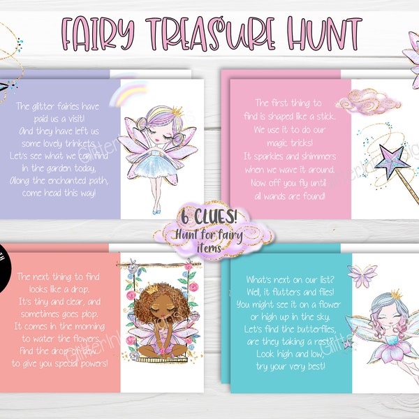 Fairy scavenger hunt clue cards / Fairy party treasure hunt clues for kids / Enchanted garden birthday activity / Fairy garden party game