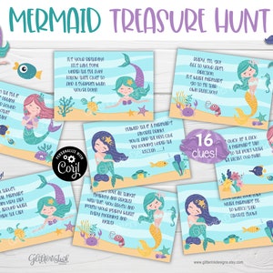 Cartões de dicas de caça ao tesouro da sereia submarina, dicas de caça ao tesouro para impressão para jogos de festa de aniversário infantil