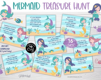 May include: A set of 16 printable mermaid treasure hunt clues. Each clue features a mermaid illustration with a rhyming verse. The clues are designed for a mermaid-themed party or event.