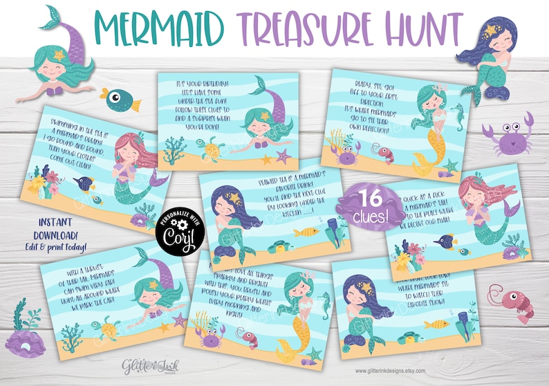 May include: A set of 16 printable mermaid treasure hunt clues. Each clue features a mermaid illustration with a rhyming verse. The clues are designed for a mermaid-themed party or event.