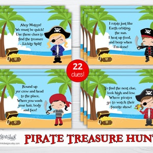 May include: A set of 22 printable pirate treasure hunt clues featuring illustrations of pirate girls with treasure chests and palm trees. The text on the clues reads "Ahoy Mateys! We must be quick! Use these clues to find the treasure...Lickity Split!"  "I rotate just like Earth orbiting the sun. I heat up food, and beep when I'm done!" "Round up yer crew and head to the place, Where you wash your hair, body and face!" "To find the next clue, look high and low. Where pirates go to watch their favorite show!"  "Add your own text!"  "Pirate Girls"