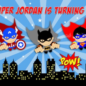 PRINTABLE Superhero backdrop / Super hero party decorations / Super boy party dessert table backdrop / Flying superheroes birthday wall art