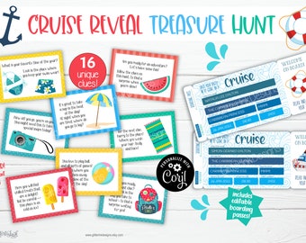 Surprise cruise trip reveal scavenger hunt & boarding pass, Printable family vacation kids treasure hunt clues, Christmas summer holiday