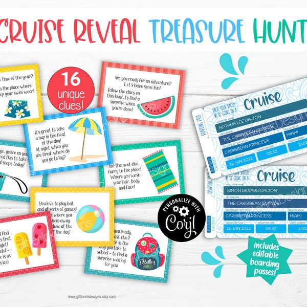 Surprise cruise trip reveal scavenger hunt & boarding pass / Printable family vacation kids treasure hunt clues / Christmas summer holiday