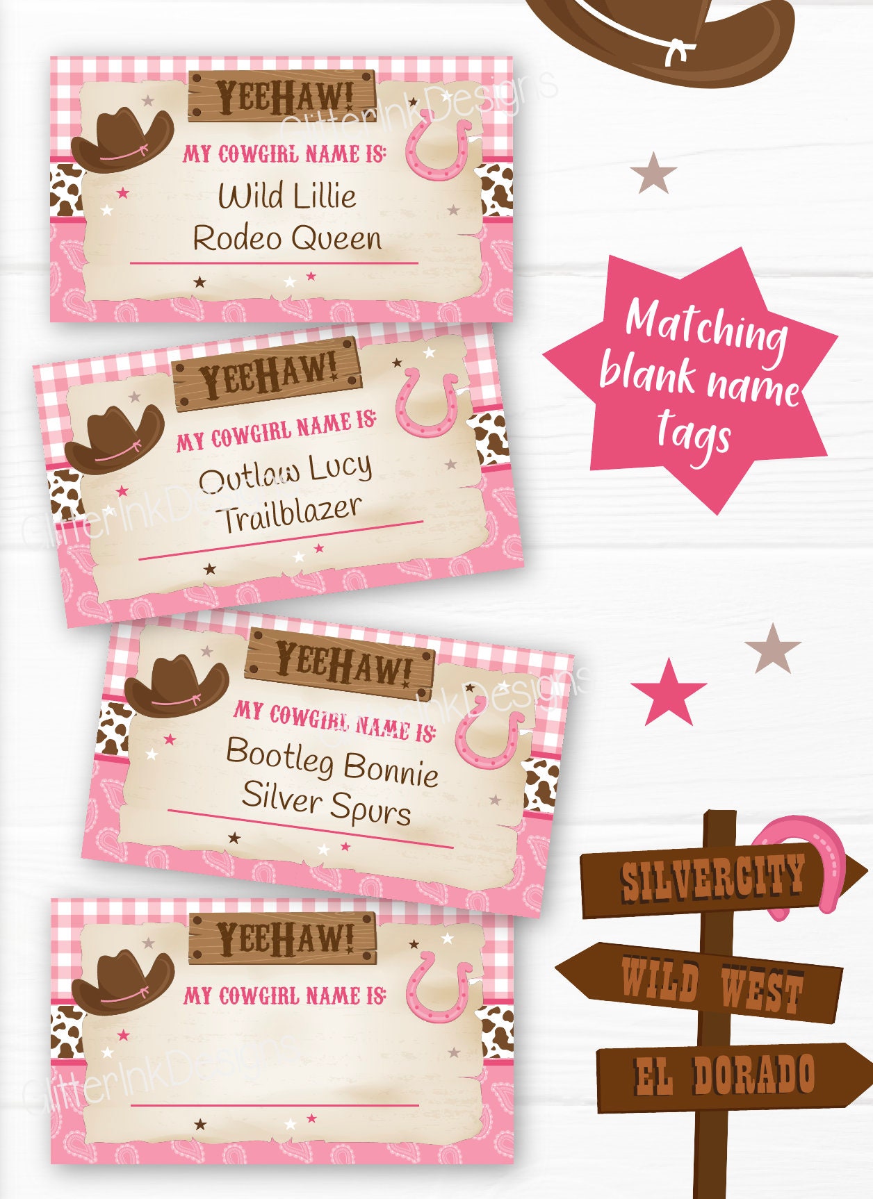 What's Your Cowgirl Name Game (1 Cowgirl Theme Sign and 30 Name Tag  Stickers), Cowgirl Game Party Decoration, Birthday Game for Kids, Family  Game-5