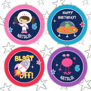 Outer space party cupcake toppers / rocket favor tags / astronaut party treat bag tags / aliens spaceship, astronaut girl, planets