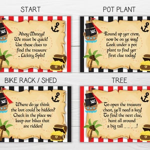May include: A set of printable pirate treasure hunt clues. Each clue is on a parchment-like background with a pirate ship, treasure chest, and palm tree. The clues are for a scavenger hunt with instructions to find the next clue at a pot plant, bike rack, tree, and shed.