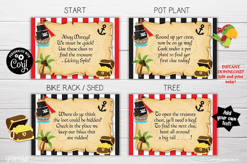 May include: A set of printable pirate treasure hunt clues. Each clue is on a parchment-like background with a pirate ship, treasure chest, and palm tree. The clues are for a scavenger hunt with instructions to find the next clue at a pot plant, bike rack, tree, and shed.