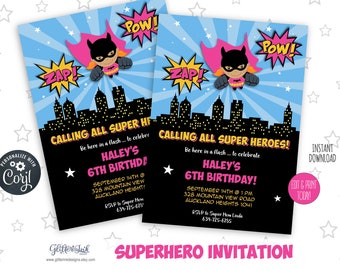 Pink super girl printable birthday party invitation / Superheroes party invitation / Super hero party / Super heroes birthday