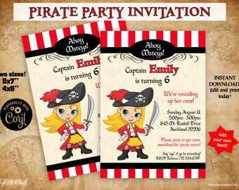 Girl Pirate party printable invitation / Pirate birthday invitation / Editable invite blonde hair blue eyes digital instant download Corjl