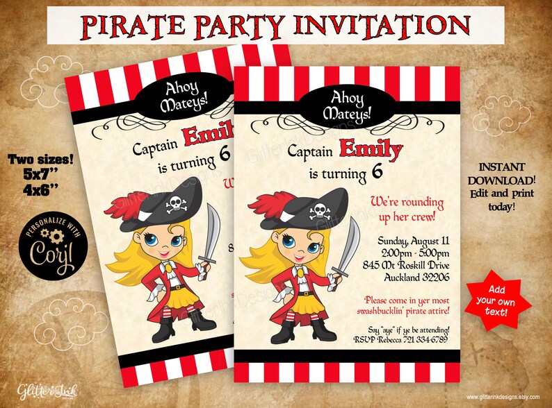 K&ouml;nnte beinhalten: Eine druckbare Piratenparty-Einladung mit einem Cartoon-Piratenm&auml;dchen mit blonden Haaren, einem rot-schwarzen Hut und einem Schwert. Die Einladung ist f&uuml;r ein 6-j&auml;hriges M&auml;dchen namens Emily und enth&auml;lt den Text "Ahoy Mateys! Captain Emily is turning 6. We're rounding up her crew!" und Partydetails.