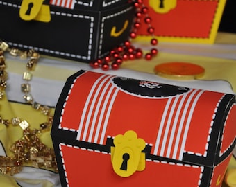 Cajas de golosinas imprimibles con forma de cofre del tesoro para cumpleaños de piratas, decoraciones para centros de mesa con cajas de recuerdos de fiesta de piratas