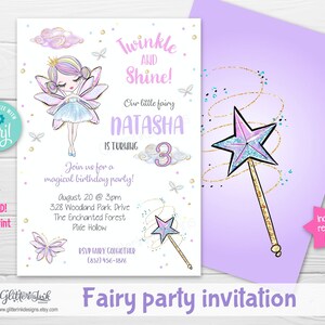 May include: A printable fairy party invitation with a purple and gold color scheme. The invitation features a cartoon fairy with a wand and the text "Twinkle and Shine! Our little fairy Natasha is turning 3."
